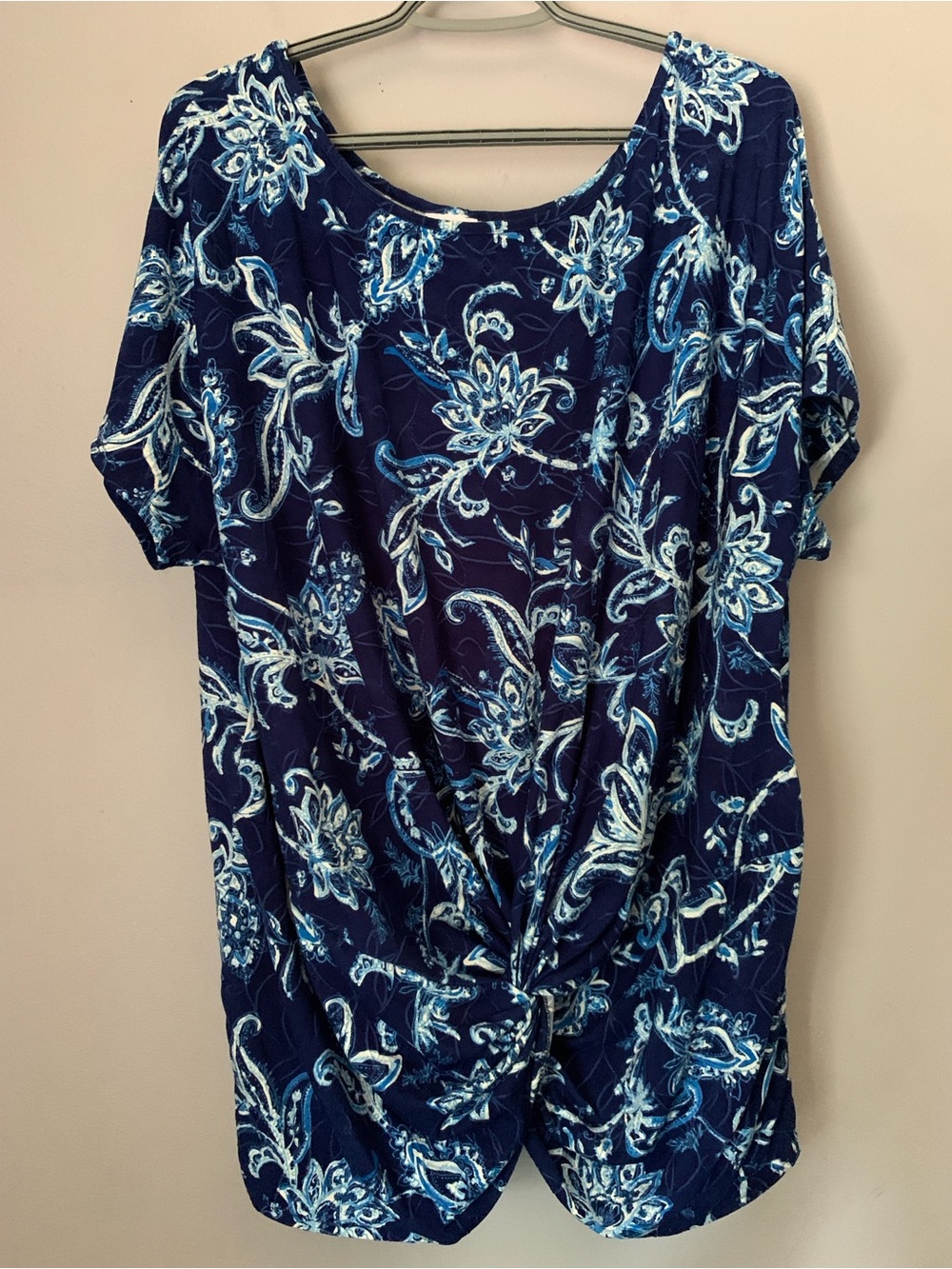 Marina Luna Blue and White Floral Twist-Front Tunic